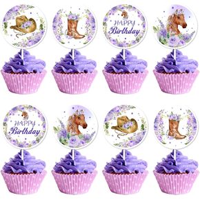 Purple Horse Birthday Decorations Cupcake Toppers, 36pcs Horse Birthday Party Decorations Cupcake Toppers for Girls Western Cowgirl Theme Birthday