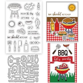 INFUNLY BBQ Theme Clear Stamps and Die Cut for Card Making Food Cooking Rubber Stamps Transparent Stamps Kitchen Tools Silicone Stamp and Die for Thanksgiving Day Scrapbooking Photo Journal Decor