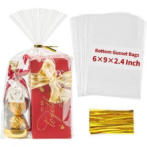 10x14x3.3 Inch Flat Bottom Gusset Treat Bags, 50 Pcs Clear Cellophane Gift Bags with 50 Twist Ties Goodie Bags for Party Favor Cookie, Popcorn, Gift (No Side Gusset)