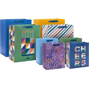 Hallmark Gift Bag Assortment - Red, Blue, Yellow (Pack of 6: 2 Medium 9", 2 Large 11", 2 Extra Large 14") Rainbow Bags for Birthdays, Baby Showers, Graduations, Fathers Day