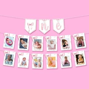 KatchOn, Pink Bow One Birthday Photo Banner - 2 Strings, 10 Feet | Pre Strung 1-12 Month Photo Banner for First Birthday Decorations Girl | 1st Birthday Picture Banner, Bow First Birthday Decorations