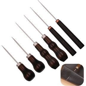 6 PCS Awl Tool Set Professional Leather Awl Leather Scratch Awl Tool Wooden Handle Scratch Tailors Awl for Leather Punch Hole Craft Repair Shoes Sewing DIY Craft