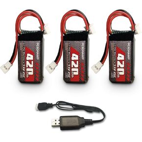 2S Lipo Battery 420mAh 7.4V for FCX24 25C with Molex Plug Rechargeable High Capacity RC 7.4V Lipo Battery Fit for 1/24 Scale RC Cars Trucks with 1 USB Charger （3packs）
