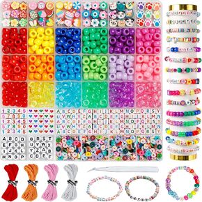 Ybxjges Bracelet Making Kit,1000 Pcs Beads for Friendship Bracelet Kit with Pony Beads Polymer Clay Beads Letter Beads for Jewelry Making DIY Crafts Girts for Girls Age 6-12