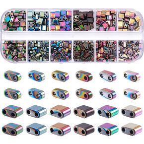 Beadthoven 225Pcs Tila Beads 2-Hole Seed Beads 6mm Flat Square Hematite Beads 15 Colors Gemstone Loose Beads for Jewelry Making Multi-Strand Bracelet Necklace Earring DIY Crafts Supplies