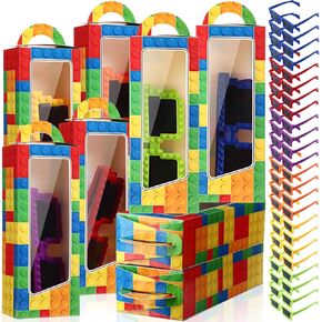 24 Sets Building Block Party Favors Includes Building Bricks Theme Party Gift Boxes Block Mania Games Sunglasses DIY Christmas Birthday Supplies (Bright)