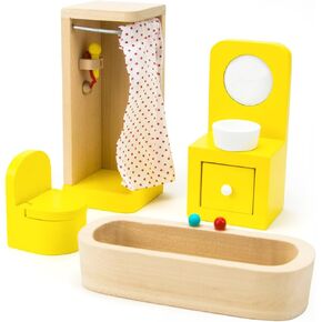 Wooden Dollhouse Furniture|Made of Safe Wood and Bright Water-Based Paint|Compatible with Most Doll Houses|Bathroom