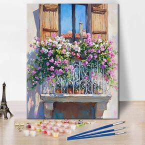TUMOVO Paint by Numbers for Adults Beautiful Balcony with Flowers in Provence Adults' Paint by Number Kits France Landscape Art Painting Kits with Brushes Oil Painting Art Crafts 16x20 in