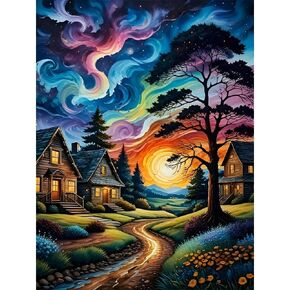 Starry Paint By Numbers Kit for Adults, Country Night Paint By Number Kits on Canvas for Beginner, Moon Acrylic Diy Oil Painting Kit Adults' Paint-By-Number Kits for Home Wall Decor 16x20 Inch