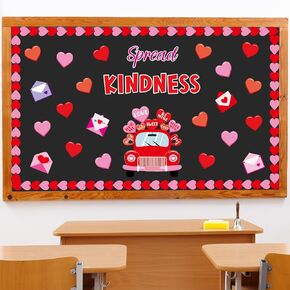 76Pcs Valentine's Day Bulletin Board Classroom Decorations Valentines Day Truck Bulletin Board Set Spread Kindness with Candy Red Heart Paper Cutouts Border Kit for Classroom Teacher School Wall Decor