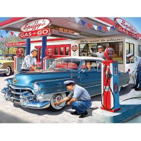 Bits and Pieces – 500 Piece Jigsaw Puzzle for Adults – 50s Service Station - Classic Cars Gas Station Jigsaw Puzzle by Larry Jones, Completed Puzzle Size: 18" x 24"
