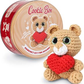 Cookie Box Crochet Kit for Beginners - Learn to Craft Amigurumi Stuffed Animals - Knitting Gift for Kids (13+) and Adults - Beginner-Friendly Yarn - Stitch-by-Stitch Video Tutorial - Bear Charlie