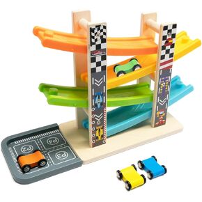 Wood City Wooden Car Ramp Racer Toy Vehicle Set with 4 Mini Cars & Race Tracks,Toddler Toys for 3 4 5 Years Old, Montessori Toys Craft Gift for Toddlers Boys and Girls
