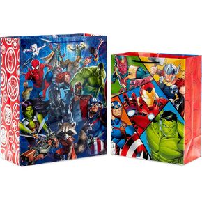Hallmark Marvel Avengers Superhero Gift Bag Set (1 Large 13" Bag and 1 Extra Large 15" Bag) with Spider-Man, Hulk, Thor, Iron Man for Birthdays, Christmas, Halloween