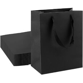 24 pcs Kraft Gift Bags Bulk Meduim Size 8x4.75x10 Inches, Black Kraft Paper Shopping Bags with Ribbon Handles, Party Favor Bags, Shopping Bags, Retail Bags, Wedding Bags
