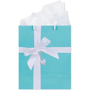 Havercamp Turquoise Gift Bag with Tissue Paper, White Satin Bow & Heart Locket, Robins Egg Wrapping for Weddings, Birthdays, Bridal Showers