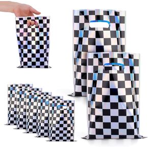 XIHIRCD 50pcs Race Car Party Favor Bags, Holographic Black and White Race Cars Goodie Bags Iridescent Checkered Gift Bags Checkered Candy Treat Bags for Race Car Birthday Party Supplies
