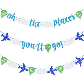 Oh The Places You'll Go Party Decor Glitter Oh The Places You'll Go Party Banner Bon Voyage/Moving Party/Graduation/Retirement Theme Birthday Baby Shower Anniversary Party Supplies Decorations