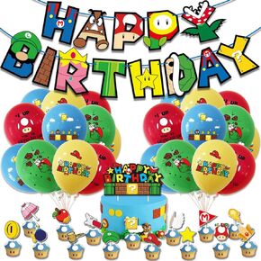 Super Brother Birthday Party Suplies Favors ,Includes Birthday Banner for Mario, Super Bro Cake Topper, Cupcake Toppers, Balloons.