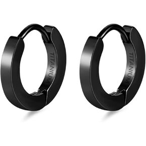 TGNEL Small Mens Black Hoop Earrings Titanium Earrings for Sensitive Ears, Polished Plain Hoop Earrings Hypoallergenic