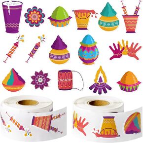 CNhoqc Happy Holi Stickers Rolls - 1000pcs(2 Rolls) 16 Designs Colorful Holi Hai Festival Self-Adhesive Stickers Gift Wraping Decals Waterbottle Laptop Envelop Decor Mubarak Giftwrap Packaging Labels
