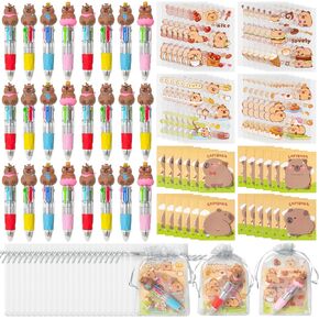 CY2SIDE Capybara Stationery Party Gift - 12 Pack Fun Animal Prizes Set Include 4-in-1 Ballpoint Pens Sticky Note Sticker and Organza Birthday Party Favors Goodie Bag Fillers Stuffer for School Rewards