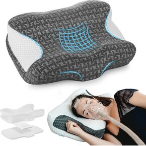 Elviros Cervical Neck CPAP Pillow for Sleeping, Ergonomic Adjustable Height Neck Support Memory Foam Bed Pillow for CPAP Users with Sleep Apnea, Suitable for Side and Back Sleeping, Dark Grey