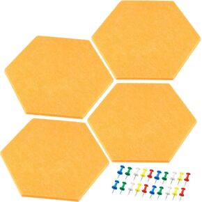 PATIKIL Hexagon Felt Board Tiles, 4 Pack Self Adhesive Wall Bulletin Pin Board with Push Pins for Photos Memos Home Office Classroom Decor, Red