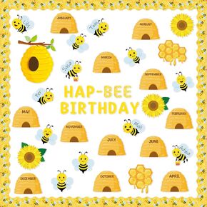 124Pcs Bee Birthday Back to School Bulletin Board Classroom Decoration Beehive Sunflower Cutouts Name Tags Boarder Trim Bee Theme Birthday Party Supplies Classroom Chalkboard Wall Door Decor