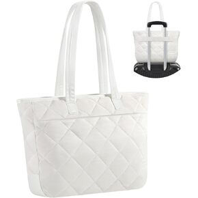 MoKo Puffy Tote Bag for Women, Lightweight Puffer Tote Bag with Multi-Pockets, Quilted Shoulder Bag Handbag for Travel, Casual, Work, Milky White