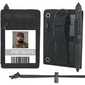Tactical ID Badge Holder with Zipper Pocket, EDC Pouch Organizer for Men, Neck Lanyard Key Ring and Credit Card Organizer (Black)