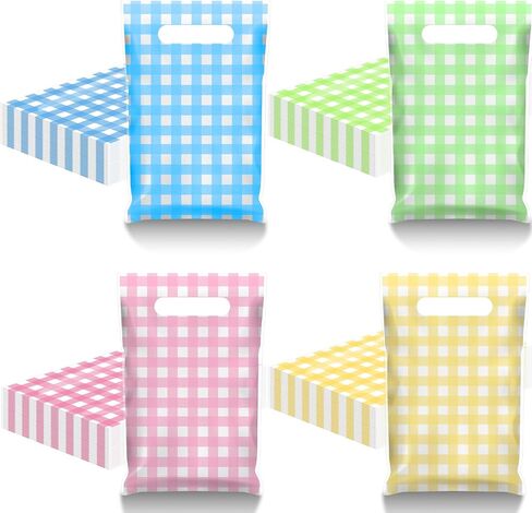 Kolldenn 48 Pcs Easter Gift Bags with Handles Pastel Gift Bags Bulk Plastic Party Favors Bag Plaid Goodie Treat Wrapping for Easter Spring Birthday Party Supplies Decorations, 9.8 x 6.3 Inch in Saudi Arabia
