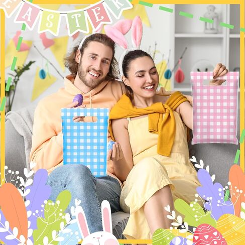 Kolldenn 48 Pcs Easter Gift Bags with Handles Pastel Gift Bags Bulk Plastic Party Favors Bag Plaid Goodie Treat Wrapping for Easter Spring Birthday Party Supplies Decorations, 9.8 x 6.3 Inch in Saudi Arabia