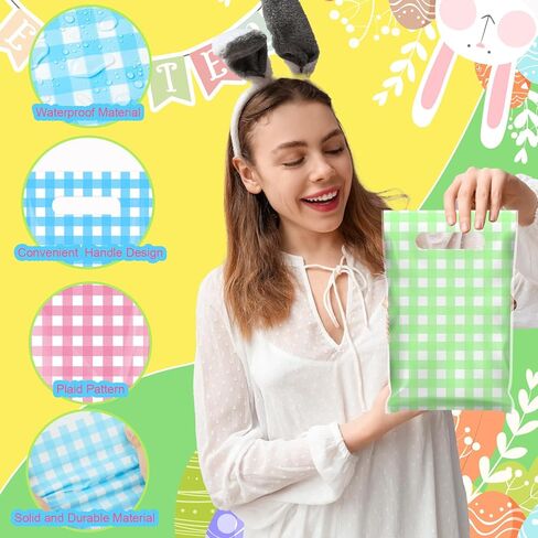 Kolldenn 48 Pcs Easter Gift Bags with Handles Pastel Gift Bags Bulk Plastic Party Favors Bag Plaid Goodie Treat Wrapping for Easter Spring Birthday Party Supplies Decorations, 9.8 x 6.3 Inch in Saudi Arabia