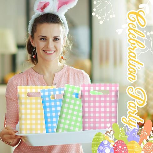 Kolldenn 48 Pcs Easter Gift Bags with Handles Pastel Gift Bags Bulk Plastic Party Favors Bag Plaid Goodie Treat Wrapping for Easter Spring Birthday Party Supplies Decorations, 9.8 x 6.3 Inch in Saudi Arabia