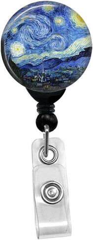 Vincent Van Gogh - The Starry Night -Retractable Badge Reel - ID Name Tag Custom Badge Holder (Black Badge Reel with Belt Slide Clip) in Saudi Arabia