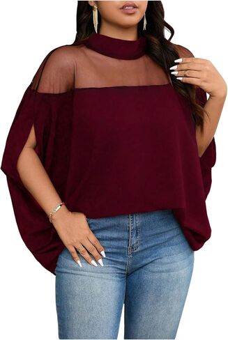 Verdusa Women's Plus Size Mock Neck Sheer Mesh Blouse Dolman Short Sleeve Tunic Shirts in Saudi Arabia