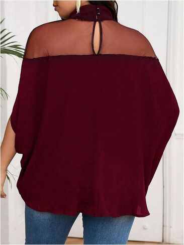 Verdusa Women's Plus Size Mock Neck Sheer Mesh Blouse Dolman Short Sleeve Tunic Shirts in Saudi Arabia