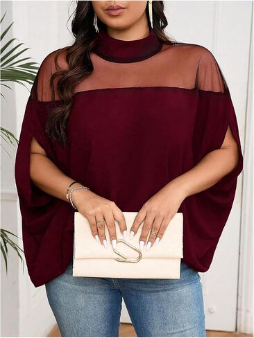 Verdusa Women's Plus Size Mock Neck Sheer Mesh Blouse Dolman Short Sleeve Tunic Shirts in Saudi Arabia