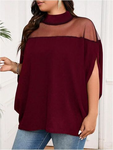 Verdusa Women's Plus Size Mock Neck Sheer Mesh Blouse Dolman Short Sleeve Tunic Shirts in Saudi Arabia