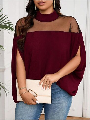 Verdusa Women's Plus Size Mock Neck Sheer Mesh Blouse Dolman Short Sleeve Tunic Shirts in Saudi Arabia