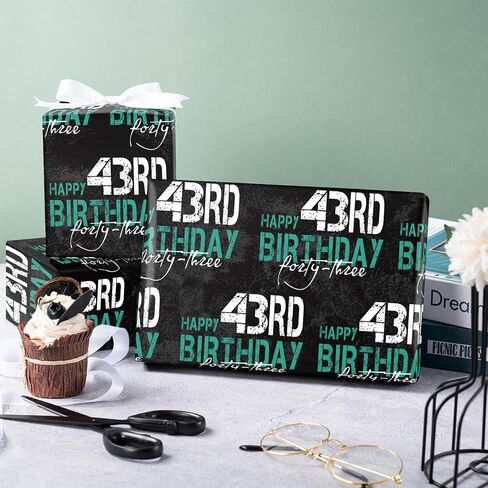 RUSPEPA Birthday Wrapping Paper for Man - Mini Roll - HAPPY 43rd BIRTHDAY Text Design for Men's or Father's Birthday Party Gift Wrap and Special Occasions - 17 inches x 16.4 feet - 43 Year Old in Saudi Arabia