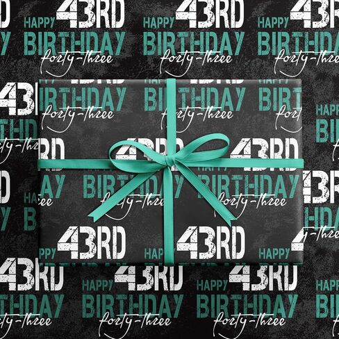 RUSPEPA Birthday Wrapping Paper for Man - Mini Roll - HAPPY 43rd BIRTHDAY Text Design for Men's or Father's Birthday Party Gift Wrap and Special Occasions - 17 inches x 16.4 feet - 43 Year Old in Saudi Arabia