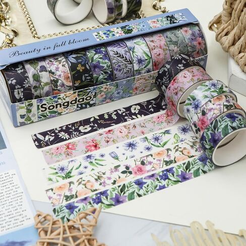 10 Rolls Blooming Flowers Washi Tape Set Floral Arts Adhesive Tapes Colorful Garden Decorative Masking Tape Sets for Craft, Kids, Scrapbook, DIY, Gift Wrapping (2-Romance) in Saudi Arabia