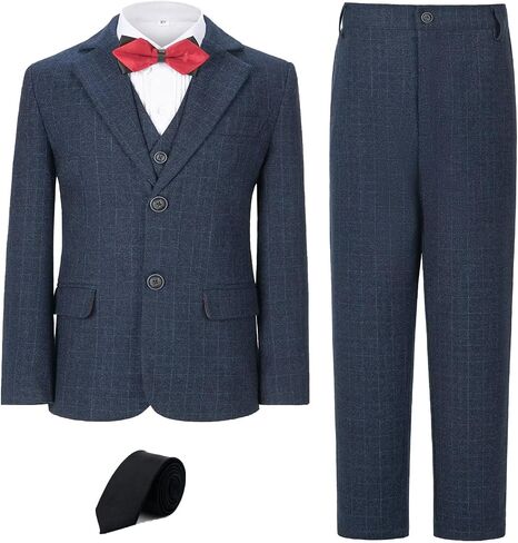 Boy's Suit Kids Plaid Suits for Boy Wedding Outfits Boys Plaid Blazer Vest Pants Ties Formal Suit Set in Saudi Arabia