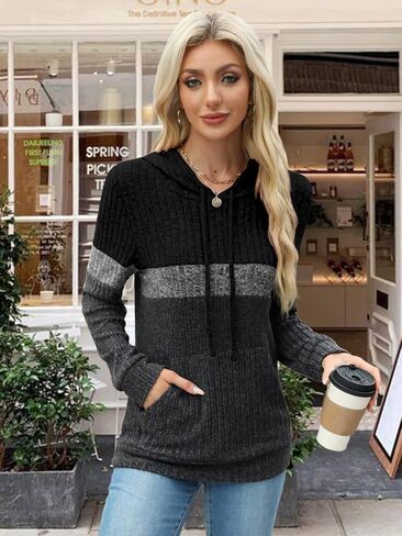 MixShe Women’s Color Block Knit Hoodie – Casual Long Sleeve Pullover Sweater Tops with Pocket in Kuwait