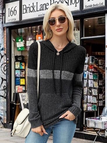 MixShe Women’s Color Block Knit Hoodie – Casual Long Sleeve Pullover Sweater Tops with Pocket in Kuwait