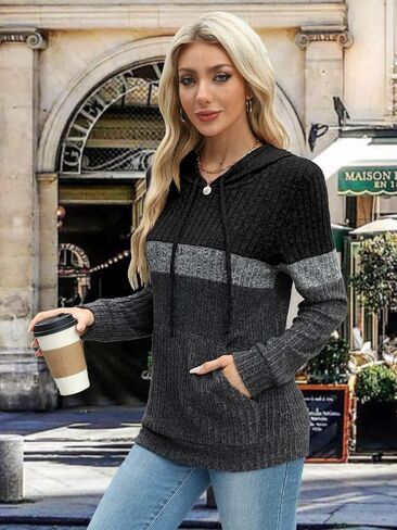 MixShe Women’s Color Block Knit Hoodie – Casual Long Sleeve Pullover Sweater Tops with Pocket in Kuwait