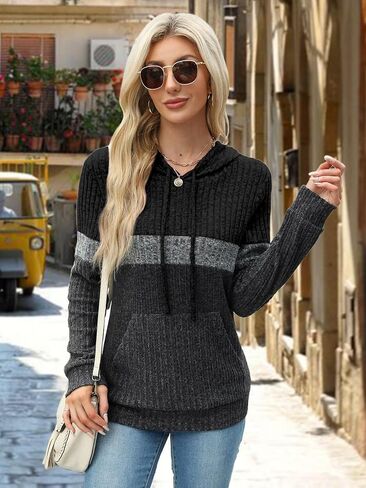 MixShe Women’s Color Block Knit Hoodie – Casual Long Sleeve Pullover Sweater Tops with Pocket in Kuwait