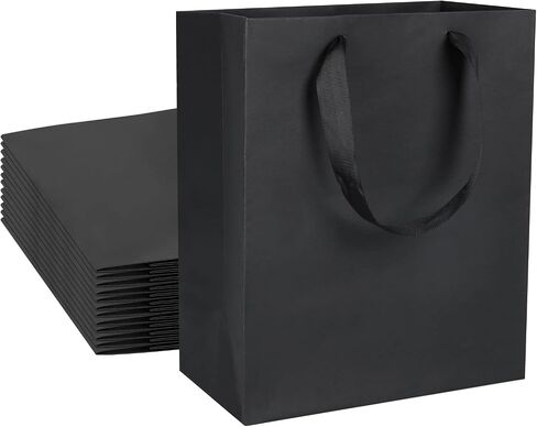 24 pcs Kraft Gift Bags Bulk Meduim Size 8x4.75x10 Inches, Black Kraft Paper Shopping Bags with Ribbon Handles, Party Favor Bags, Shopping Bags, Retail Bags, Wedding Bags in Kuwait